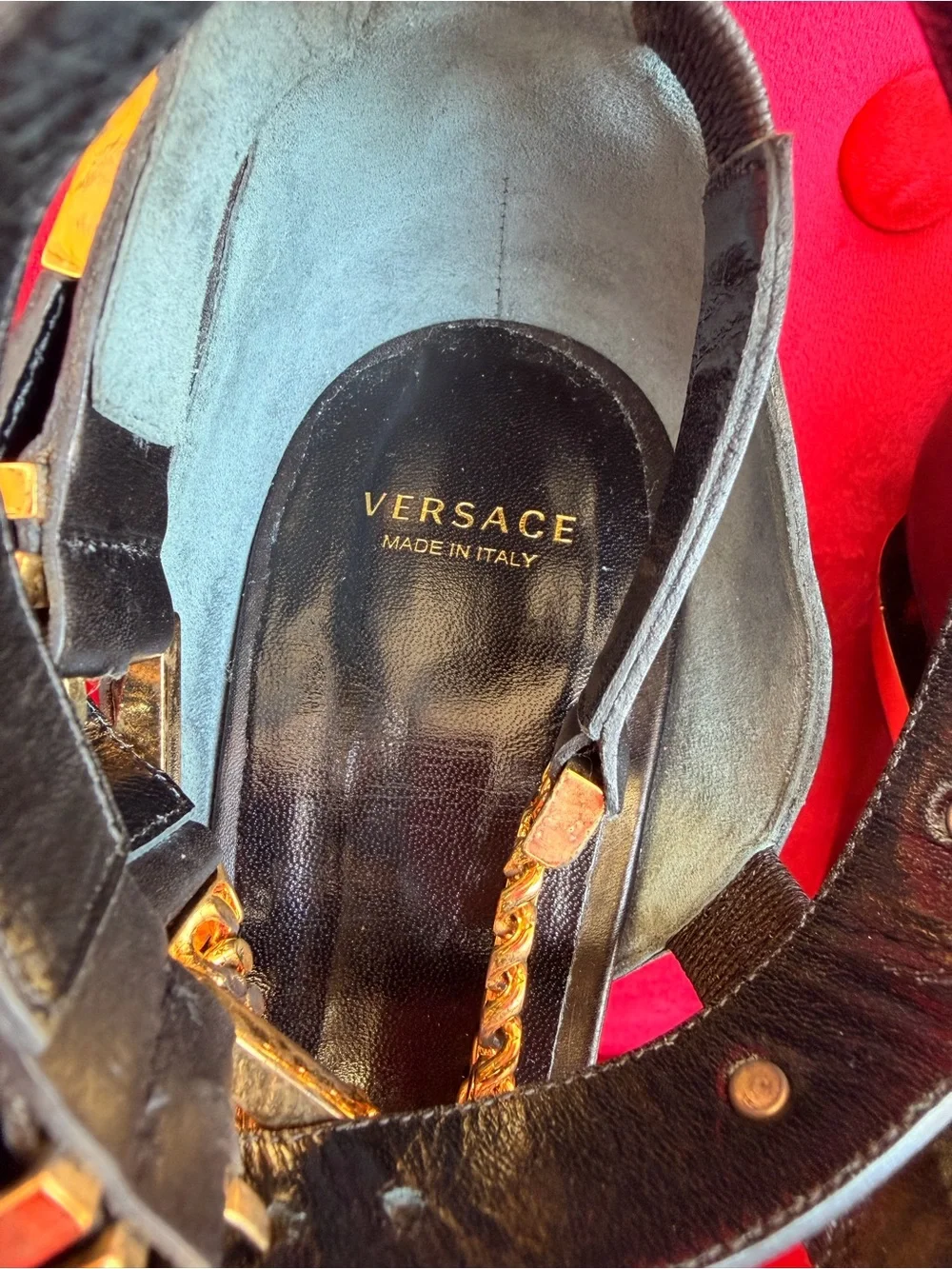 Versace Black and Gold Leather Triple Platform Medusa size 7.5/8 US